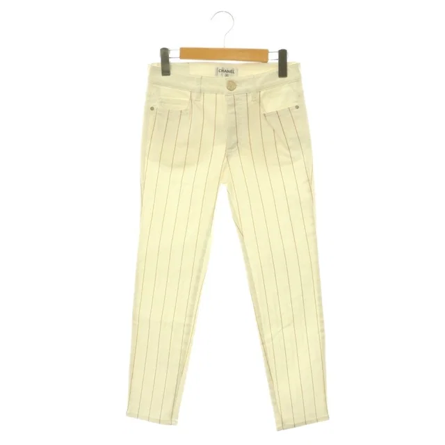 Chanel 20P CC Logo Button Chain Stripe Skinny Denim Pants P6 Tapered 36 White HS in White Denim from The Reluxe