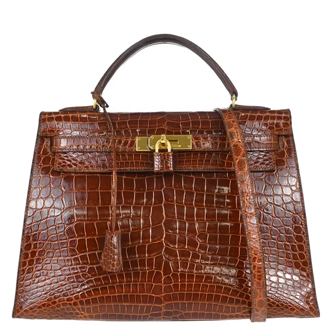 Hermès Miel Porosus Kelly 32 Sellier 2way Shoulder Handbag in Crocodile from AMORE Vintage Tokyo