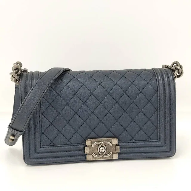 Chanel Boy Chain Shoulder Bag Leather Navy in Navy Leather from The Reluxe