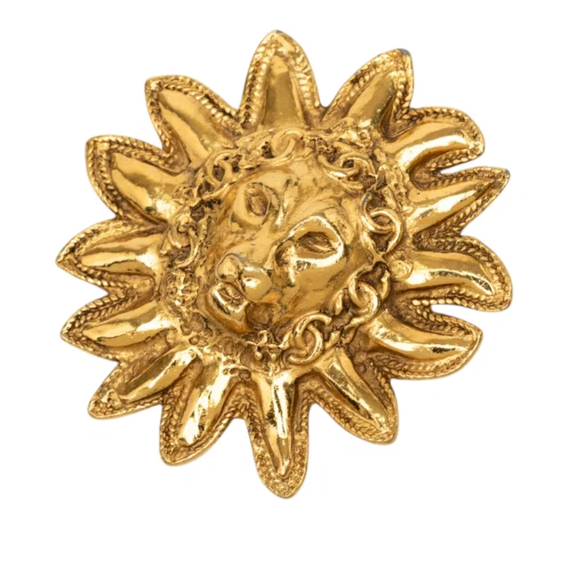 Gold Chanel CC Gold Plated Lion Head Sun Brooch in Gold from Designer Revival