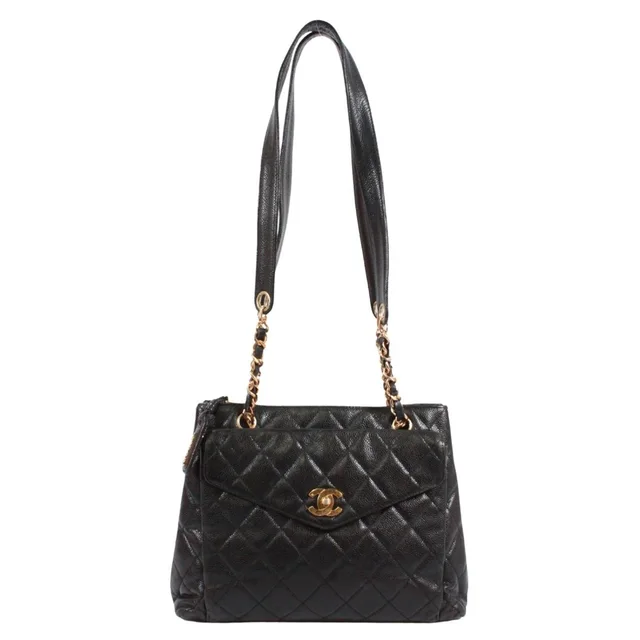 Chanel Quilted CC Logo Chain Caviar Leather Black Tote Bag Gold in Black Caviar leather from The Reluxe