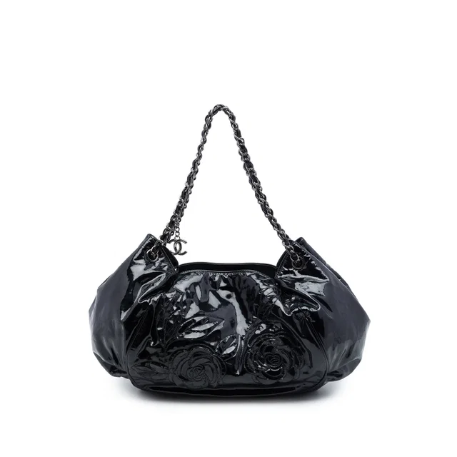 Black Chanel Patent Accordion Camellia Tote in Black Patent leather from Designer Revival