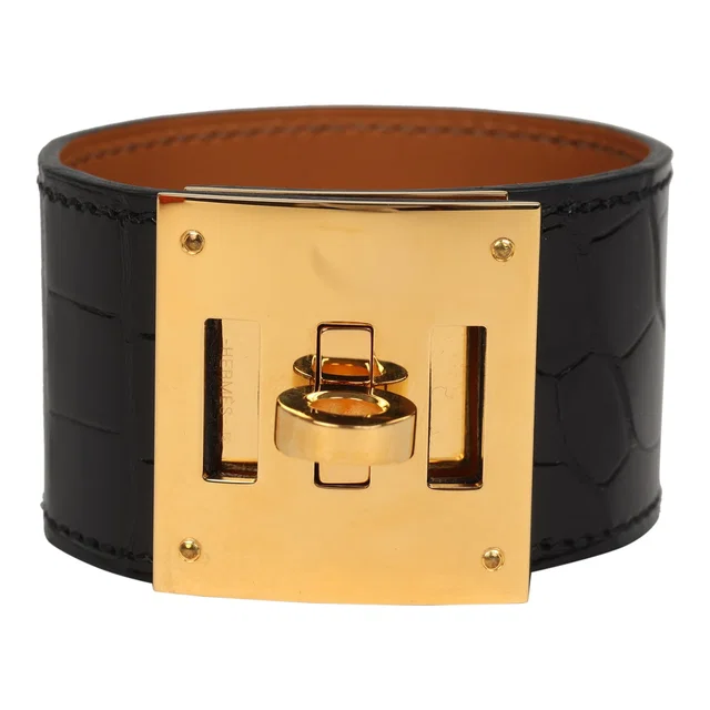 Hermès Kelly Dog Bracelet Black Shiny Alligator Yellow Gold in Black Crocodile from Madison Avenue Couture