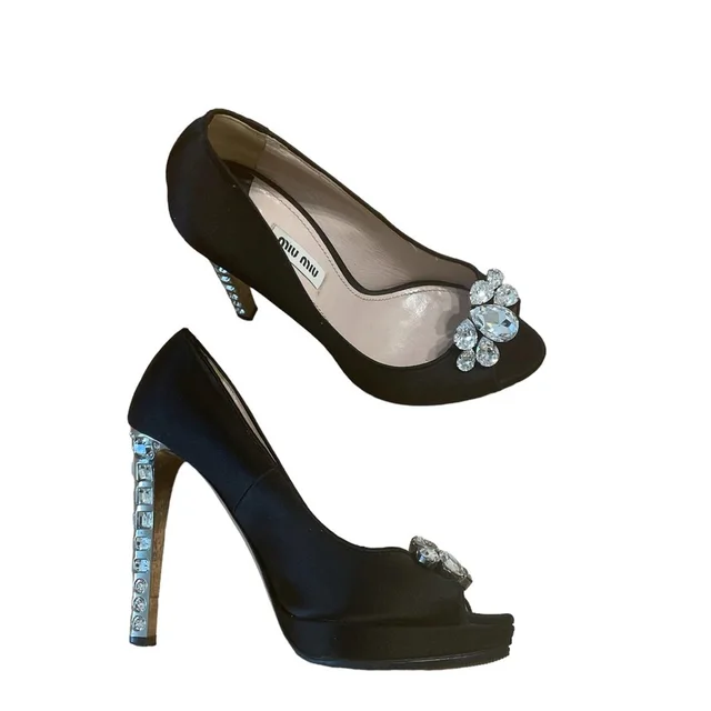 Miu Miu Satin Calzature Raso Open Toe Swarovski Crystal 4" Heels in black Satin from Poshmark