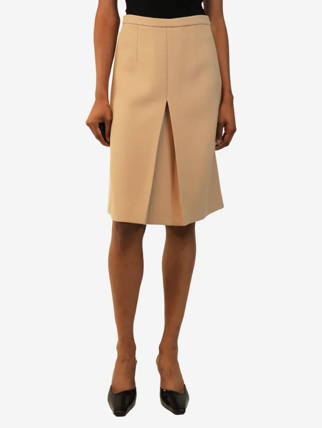 Miu Miu Beige inverted box-pleat midi skirt - size UK 8 from Sign of the Times