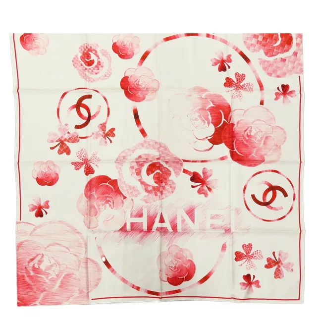 Chanel Camellia Scarf White Red Silk in White Silk from The Reluxe