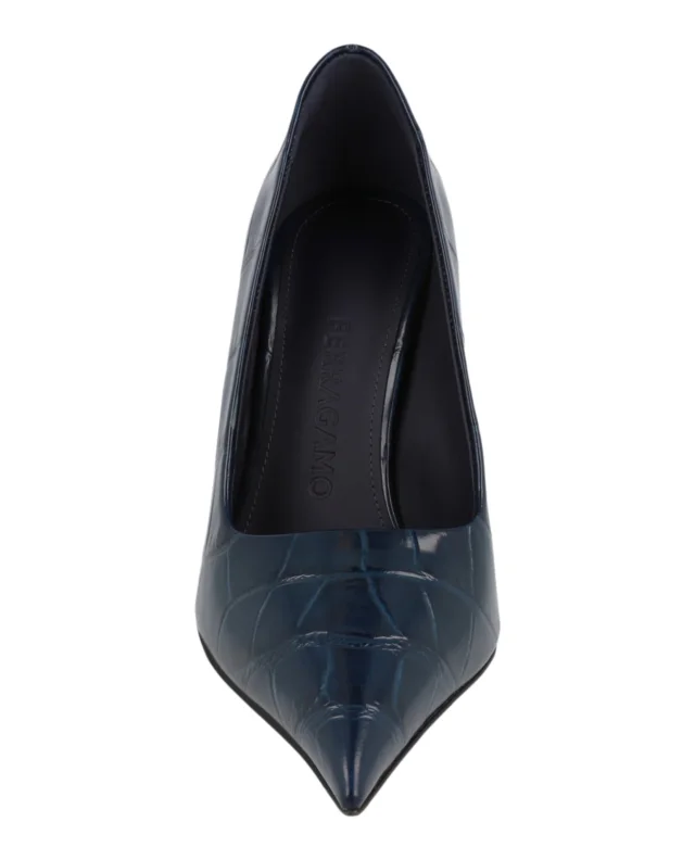 Salvatore Ferragamo Eva X5 Croc Embossed Pumps in blue, photo 4 of 6 from ShopSimon