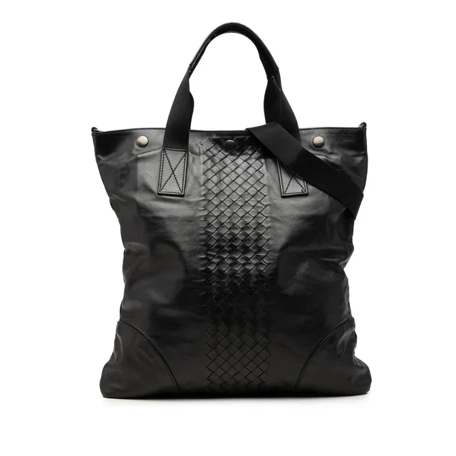 Black Bottega Veneta Intrecciato Trimmed Nappa Convertible Tote Satchel in Black Nappa leather from Designer Revival