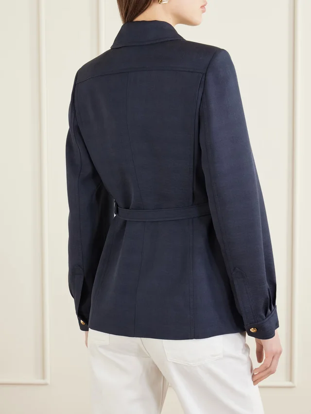 BLAZÉ MILANO Genesis Paint belted woven jacket in navy 68% Viscose 32% Acetate, photo 4 of 5 from NET-A-PORTER (Canada)