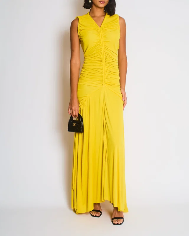Proenza Schouler Yellow Maxi Dress with Long Shoulder Drawstring Asymmetric Details Size US 4 (UK 8) in Yellow from Sellier