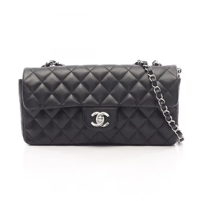 Chanel Shoulder Bag Quilted Black Lambskin East West Chain in Black Lambskin from The Reluxe
