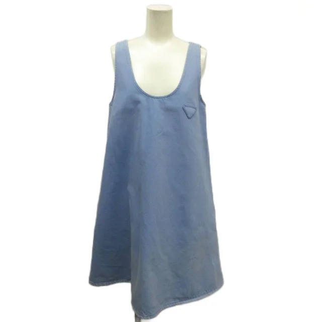 Prada A-Line Denim Mini Dress Sleeveless Tunic Knee-Length Triangle Logo Motif in Denim from The Reluxe