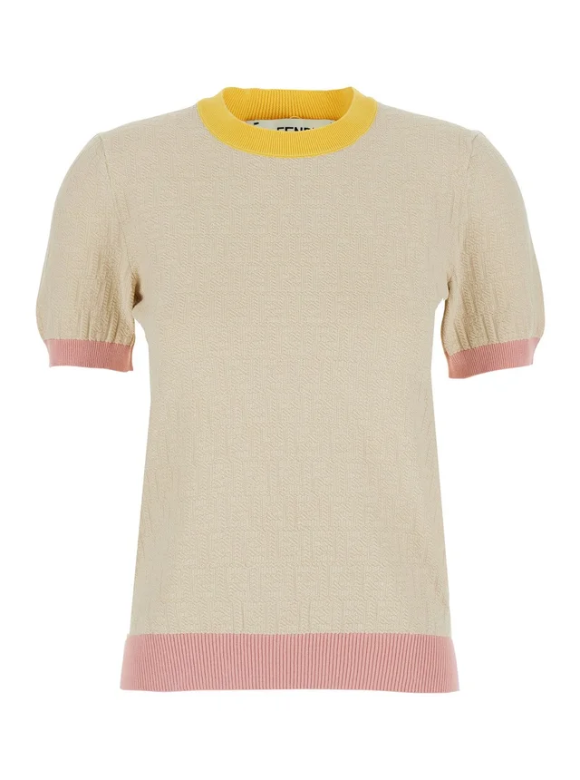White T-Shirt 'COLOR BLOCK FF SHORT SLEEVES TEE' with Fendi Logo in Cotton Women in Beige 100% Cotton, photo 2 of 6 from Gaudenzi Boutique