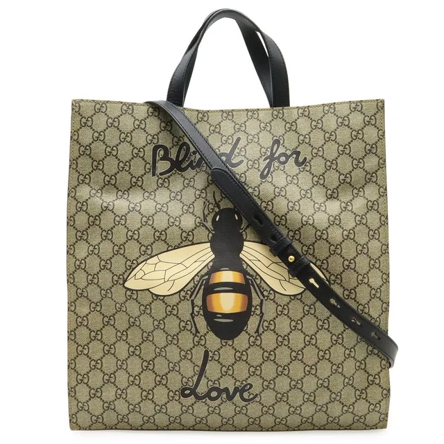 Gucci GG Supreme Bee Print Tote 2-Way Shoulder Bag Leather Khaki Beige Black in Black Leather from The Reluxe