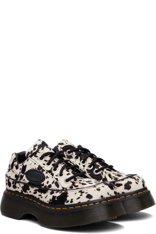 Dr. Martens Black & White Buzz 5-Eye Dalmatian Hair On Leather Derbys, photo 4 of 5 from SSENSE