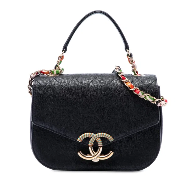 Black Chanel Paris Cuba Small Quilted Caviar Thread Around Flap Satchel in Black Caviar leather from Designer Revival