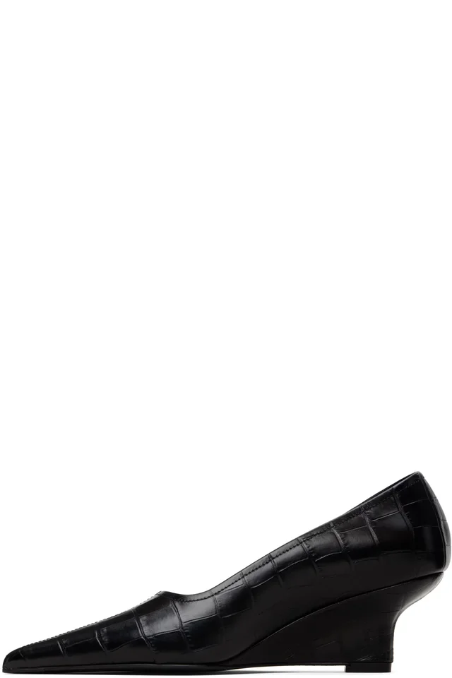TOTEME Black Sharp Croco-Embossed Wedge Heels, photo 3 of 5 from SSENSE