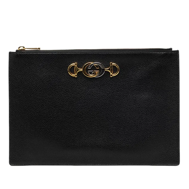 Black Gucci Grained Calfskin Zumi Zip Pouch Clutch Bag in Black Caviar leather from Designer Revival