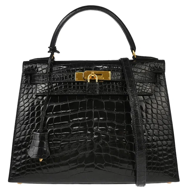Hermès 1993 Black Alligator Kelly 28 Sellier 2way Shoulder Handbag in Black Crocodile from AMORE Vintage Tokyo