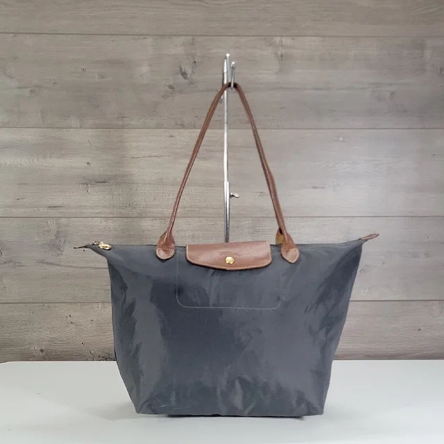 Large Longchamp Lepliage Gray Nylon Leather Tote Shoulder Bag in brown|red|gray Nylon from Poshmark
