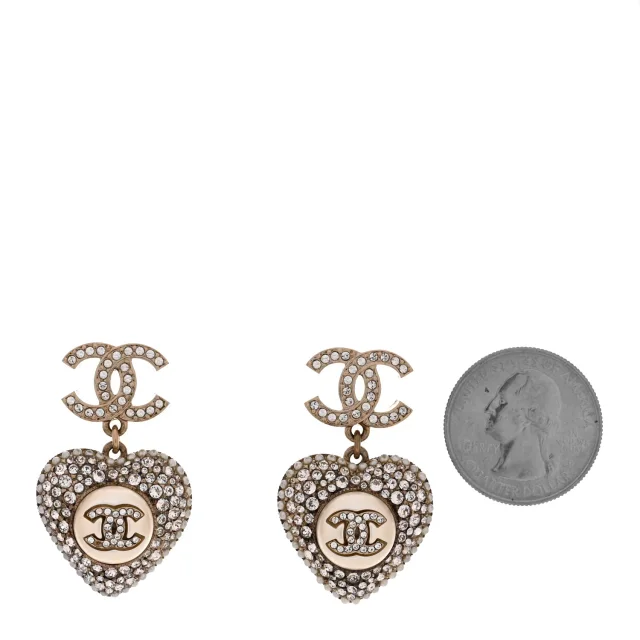 Chanel Pearl Crystal CC Heart Drop Earrings Gold White in White Resin from FASHIONPHILE, photo 2 of 4