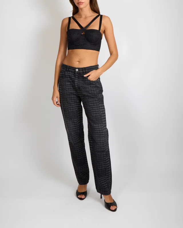 Chanel 24A Dark Grey Checkered Straight Leg Jeans with Grey Crystal Camellia Button and Silver CC… in Grey from Sellier