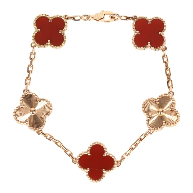 Van Cleef & Arpels Vintage Alhambra 5 Motifs Bracelet Carnelian Guilloche 18K Rose Gold in Pink from Madison Avenue Couture
