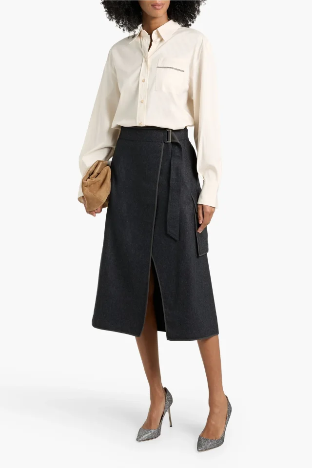 Brunello Cucinelli Wool-Flannel Midi Wrap Skirt in Charcoal, photo 2 of 4 from THE OUTNET
