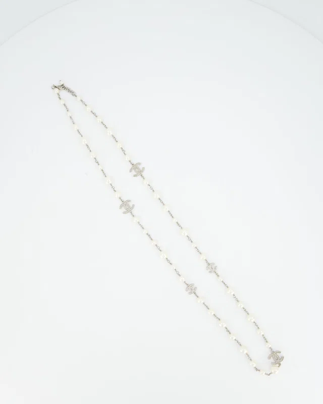Chanel Classic Champagne Faux Pearl Sautoir Necklace with Signature Crystal-encrusted CC Logos from Sellier