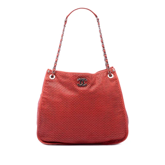 Red Chanel Perforated Calfskin Up In The Air Tote in Red Calfskin from Designer Revival