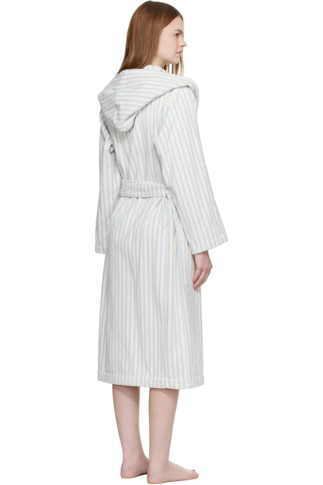 Tekla Off White & Blue Terry Hooded Bathrobe, photo 3 of 4 from SSENSE