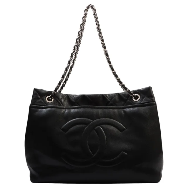 Chanel Circa 2009 CC logo stitched chain tote bag in black in Black Caviar leather from VINTAGE QOO TOKYO