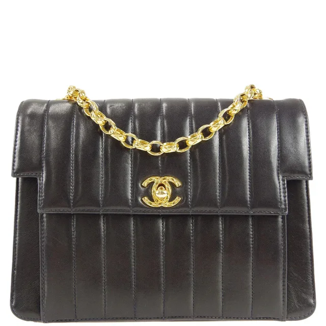 Chanel 1991-1994 Black Lambskin Mini Vertical Stitch Flap Bag in Black Lambskin from AMORE Vintage Tokyo