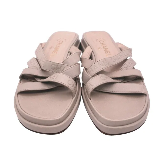 Chanel Sandals Leather Logo Cross Belt Strap Shoes Gray Green in Green Leather from The Reluxe