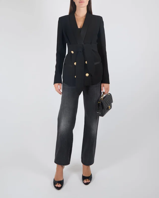 Balmain Black Double Breasted Blazer Jacket with Gold Button Detail in Black Satin from Sellier