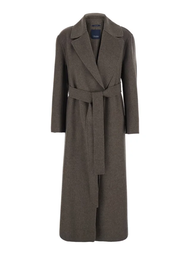 'Luna' Brown Coat with Notched Revers and Belt on the Front in Wool for Women in Brown, image 1 of 1 from Gaudenzi Boutique