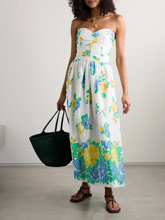 LORETTA CAPONI Desideria strapless floral-print cotton-voile midi dress in White, photo 2 of 2 from NET-A-PORTER (Canada)