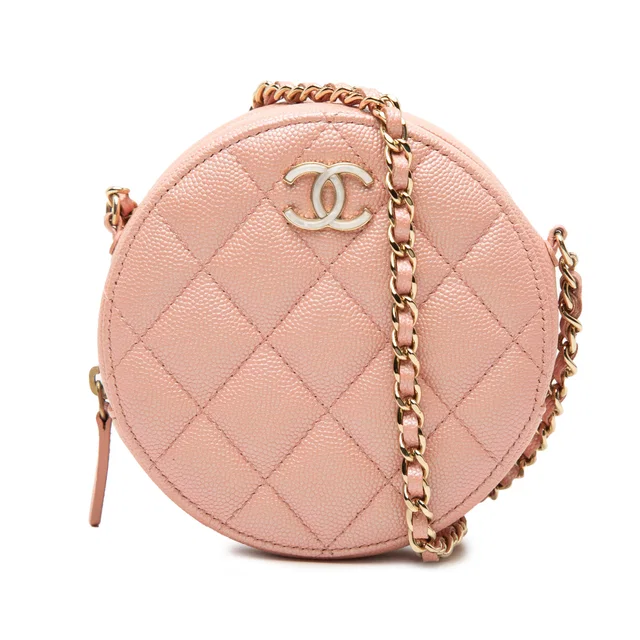 Pink Chanel CC Quilted Iridescent Caviar Round Clutch With Chain Crossbody Bag in Pink Caviar leather from Designer Revival