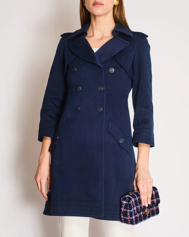 Chanel Indigo Blue Denim Double Breasted Trench Coat with Blue and Silver Star CC Logo Buttons Size… in Blue Denim from Sellier