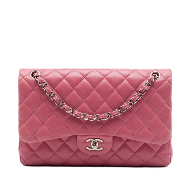 Pink Chanel Jumbo Classic Lambskin Double Flap Shoulder Bag in Pink Lambskin from Designer Revival