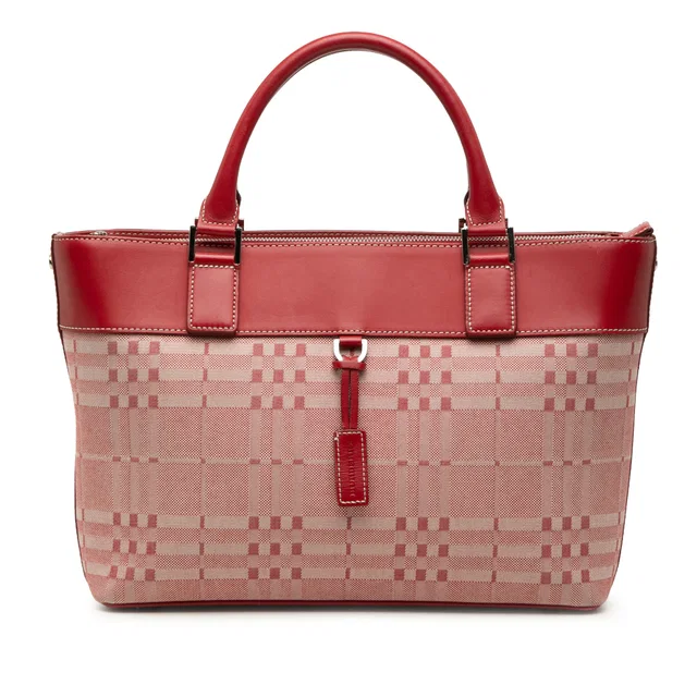 Red Burberry Leather Trimmed Tonal Check Canvas Handbag in Red Canvas from Designer Revival