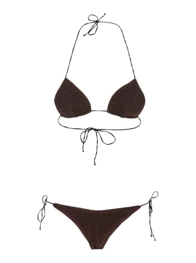 'Lumiere' Brown Bikini with Triangle Top and Drawstring Closure in Tech Fabric for Women in Brown, image 1 of 1 from Gaudenzi Boutique
