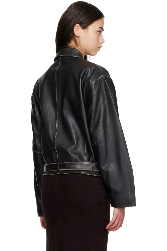 St. Agni Black Brushed Belted Leather Jacket, photo 3 of 4 from SSENSE