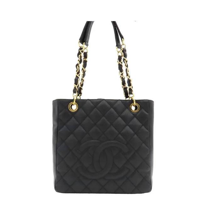 Chanel Petite Shopping Tote Bag PST Black Gold Caviar Leather Quilted Chain in Black Caviar leather from The Reluxe