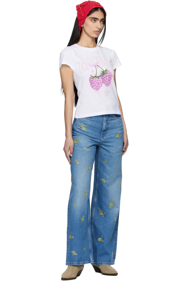 GANNI White Baby Fit Raspberries T-shirt, photo 4 of 4 from SSENSE