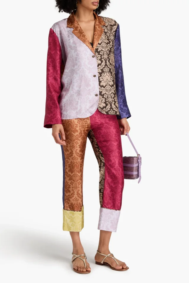 Zimmermann Cropped Patchwork Damask Silk-Satin Flared Pants in Multicolor, photo 2 of 4 from THE OUTNET