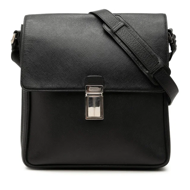 Black Prada Saffiano Buckle Messenger Bag in Black Saffiano leather from Designer Revival