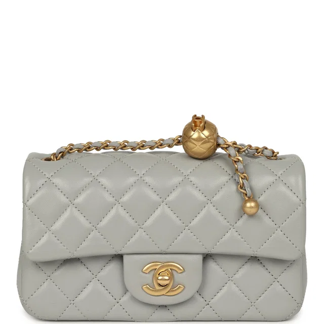 Chanel Mini Pearl Crush Rectangular Flap Bag Grey Lambskin Brushed Gold Hardware in Grey Lambskin from Madison Avenue Couture