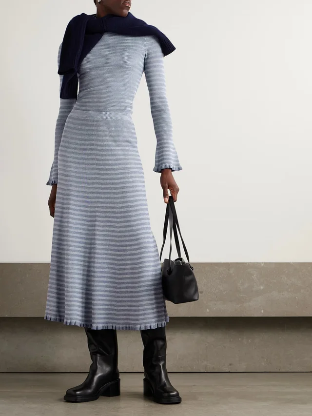 PROENZA SCHOULER WHITE LABEL Phyllis ruffled striped ribbed-knit turtleneck sweater in Blue, photo 2 of 2 from NET-A-PORTER (Canada)