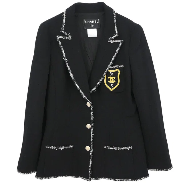 Chanel 2005 Emblem Single Breasted Jacket Black #42 in Black Wool from AMORE Vintage Tokyo
